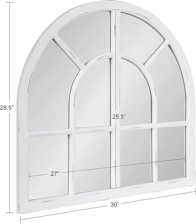 Kate and Laurel Boldmere Modern Farmhouse Wide Windowpane Arched Mirror; 30 x 29; White; Decorative Vintage Inspired Window Mirror for Farmhouse Wall Decor