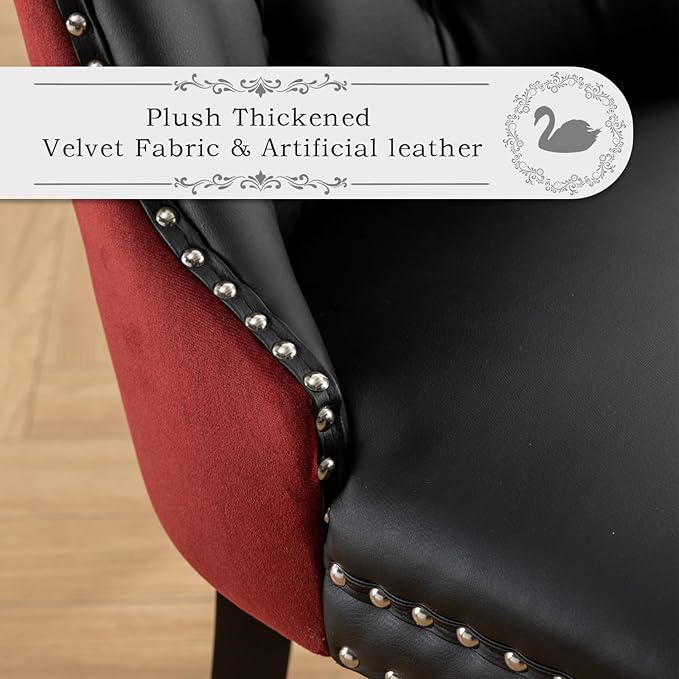 Leather Upholstered Dining Chairs Set of 2, Modern Style Kitchen Side Chairs with Nailhead Trim and Wood Leg, Metal Pulling Ring for Dining Room Living Room(Black&Wine Red)