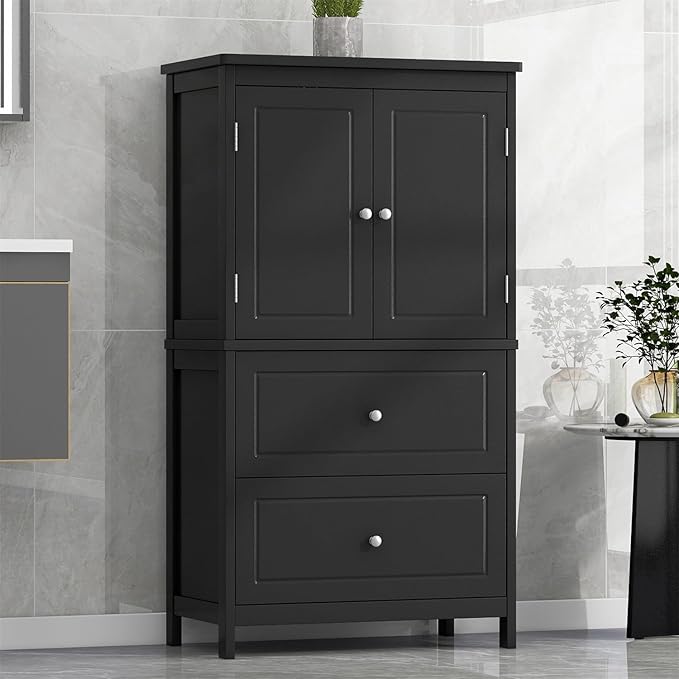 Polibi 43.3" H Storage Cabinet with 2 Doors, 2 Drawers, Adjustable Shelf, Wooden Linen Cabinet for Bathroom, Office, Kitchen, Black