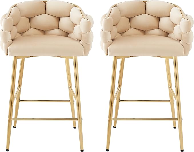 Christopher Knight Home Barrel Counter Stools,Velvet Counter Height Barstools, Modern Luxury Makeup Stool Upholstered Chairs with Gold Legs(Set of 2),Beige