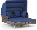 HAPPYGRILL Outdoor Daybed with Retractable Canopy, PE Wicker Rattan Patio Double Chaise Lounger with Cushions, Outside Sunbed Furniture for Garden, Poolside and Backyard (Navy)