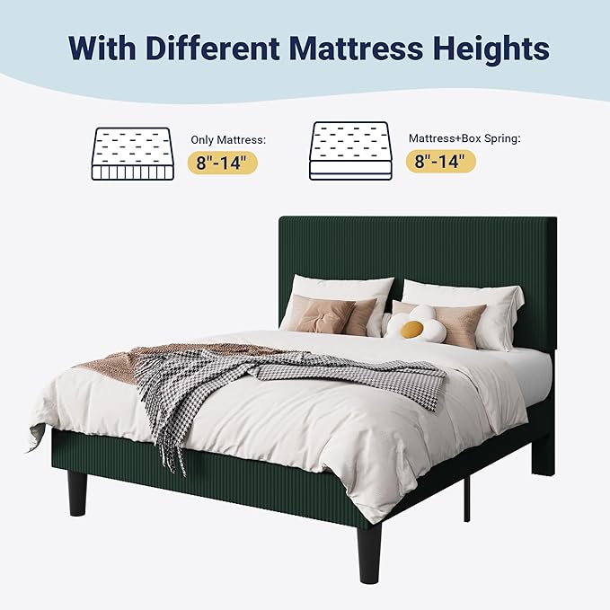 Allewie Queen Size Upholstered Bed Frame with Vertical Channel Tufted Headboard, Soft Corduroy Fabric Platform Bed, Strong Wooden Slats Support, Easy Assembly, No Box Spring Needed, Dark Green
