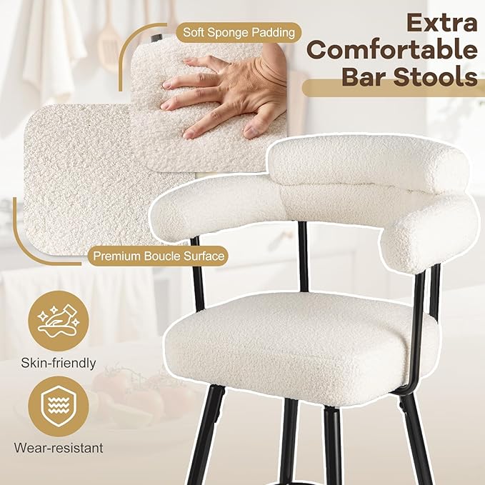 COSTWAY Counter Height Bar Stools Set of 2, 27" Swivel Modern Upholstered Counter Chairs with Boucle Fabric, Curved Backrests & Metal Legs, for Kitchen Island, Home, Pub (2, White + Black)