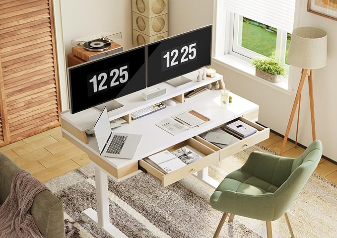 Claiks Standing Desk with Drawers, Electric Adjustable Standing Desk Adjustable Height, Sit Stand Up Desks with Storage Shelves & Wheels, 48 Inch White