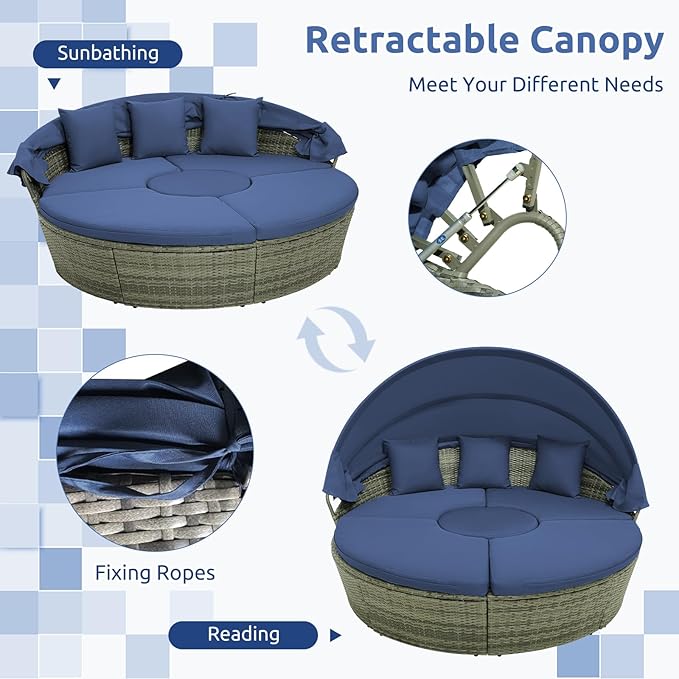 COSTWAY Patio Round Daybed with Retractable Canopy, Wicker Furniture Sectional Couch with Separate Cushioned Seats, Adjustable Table Top, Patio Rattan Daybed Set for Patio, Backyard, Poolside (Navy)