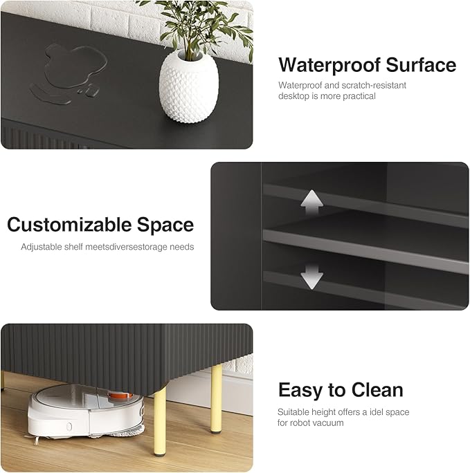 Modern Fluted Black Storage Cabinet with 3 Doors, Adjustable Shelves, and Metal Legs, Accent Buffet Sideboard for Living Room, Dining Room, Entryway (Black & Gold)