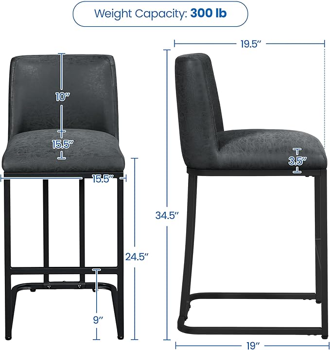 Yaheetech Bar Stools Set of 4, Counter Height Kitchen Stools 24'' Modern Leather Upholstered Bar Chairs with Back and Metal Legs for Kitchen Counter, Dark Gray