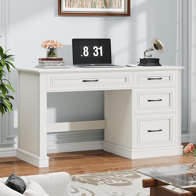 Farmhouse 47" Executive Desk, Computer Desk with Drawers and File Drawer, Workstation Computer Desk with Charging Station for Home Office,Study,（Cream White）