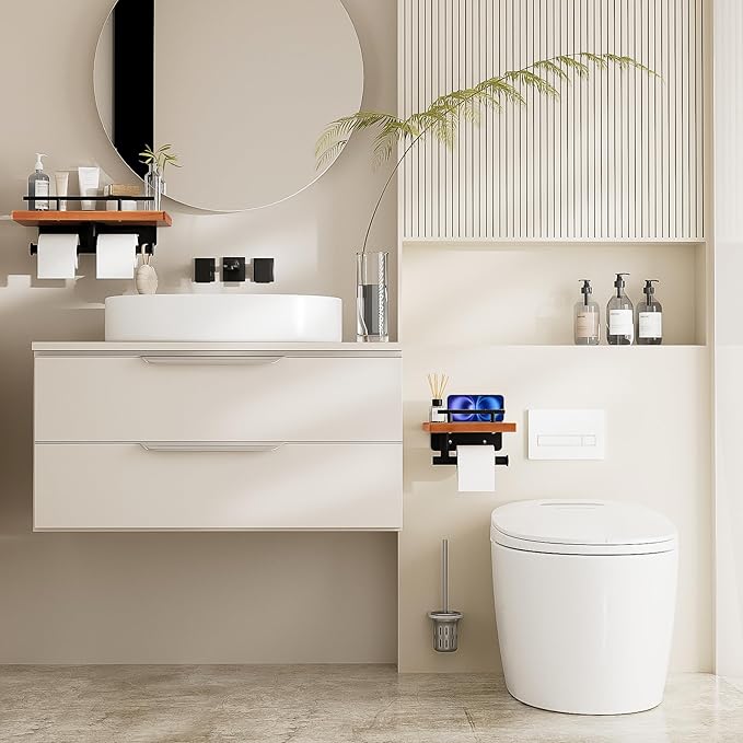 Toilet Paper Holder with Wood Shelf, Wall Mount Toilet Paper Roll Holder with Wooden Shelf and Matte Black Stainless Steel Pipe, Tissue Roll Holder for Bathroom Washroom (Dark Brown, 13.8'' x 5.9'')