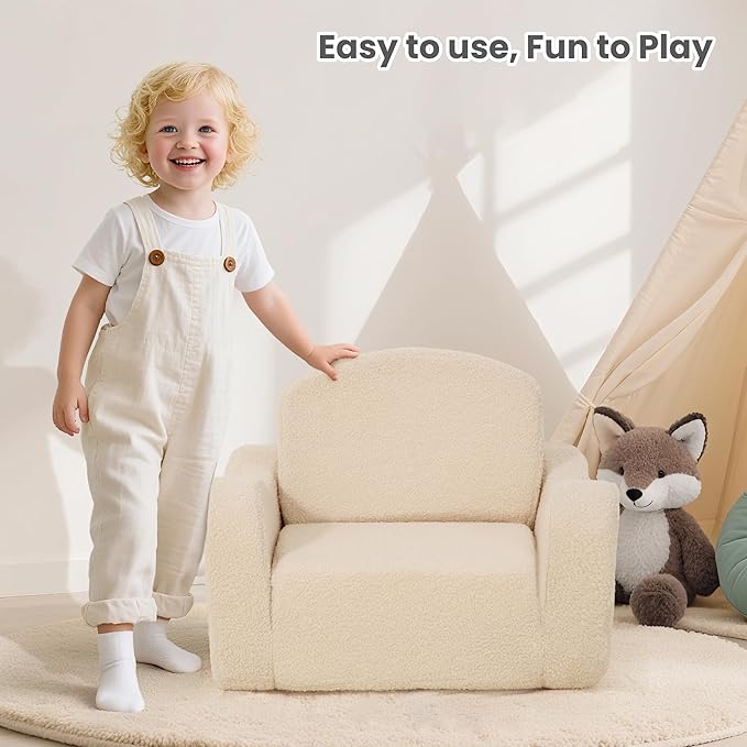 Comfy Toddler Chair & Kids, 2-in-1 Soft Couch Fold Out for Kids, Toddler Chairs Comfy 1-3 Years Old, Convertible Plush Sofa to Lounger for Girls and Boys, Beige