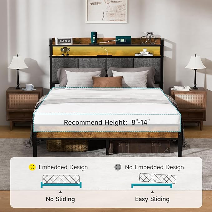 Z-hom Full Bed Frames, Full Bed Frame with 2-Tier Storage Upholstered Headboard, Metal Platform with USB Charging Station & LED Lights, Noise Free, No Box Spring Needed, Easy Assembly, Vintage Brown