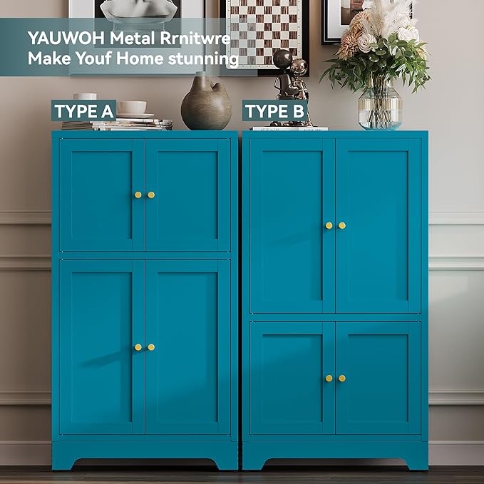 Blue Bathroom Floor Cabinet, Metal Storage Cabinet with 2 Adjustable Shelves & 4 Doors,Freestanding Sideboard for Dining Room,Living Room, Home Office