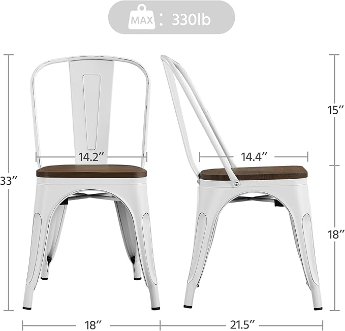 Yaheetech 18 Inch Classic Iron Metal Dining Chair with Wood Top/Seat Indoor-Outdoor Use Chic Bistro Cafe Side Barstool Bar Chair Distressed White, Set of 4