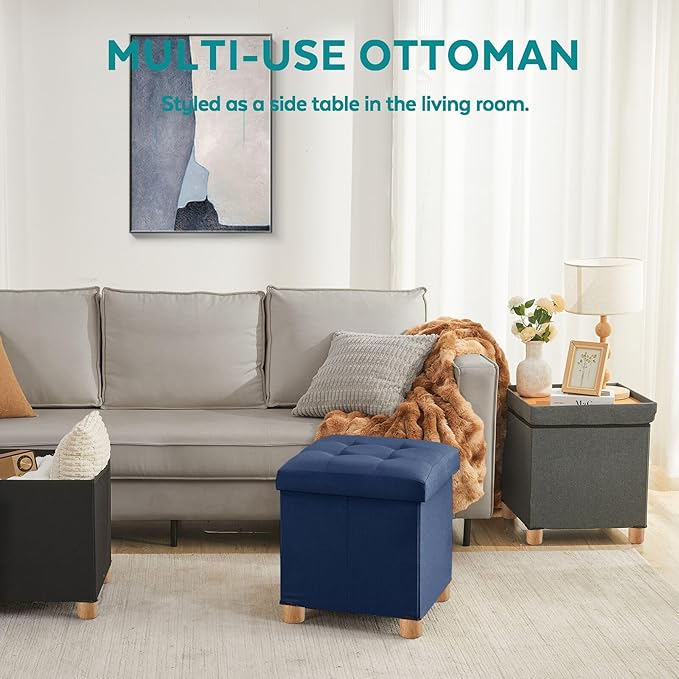 BRIAN & DANY Ottoman with Storage, Square Storage Ottoman for Dorm, Linen Folding Ottoman Foot Stool with Legs for Living Room and Bedroom, 17.7"x17.7"x20" - Blue
