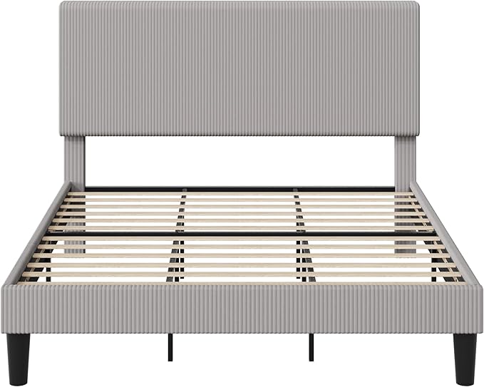 Allewie King Size Upholstered Bed Frame with Vertical Channel Tufted Headboard, Soft Corduroy Fabric Platform Bed, Strong Wooden Slats Support, Easy Assembly, No Box Spring Needed, Light Grey
