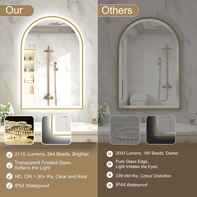 S'bagno 24x36 Arched Gold LED Mirror for Bathroom with Frontlit & Backlit, LED Bathroom Mirror with Metal Frame, Anti-Fog, Stepless Dimmable, 3 Color Temperature Vanity Mirror