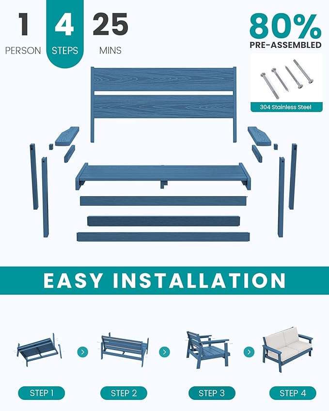 SERWALL HDPE Patio Furniture Set, 5 Piece All Weather Wood-Like Sectional Outdoor Furniture Set, Blue Patio Sofa Couch with Khaki Cushions for Deck, Lawn