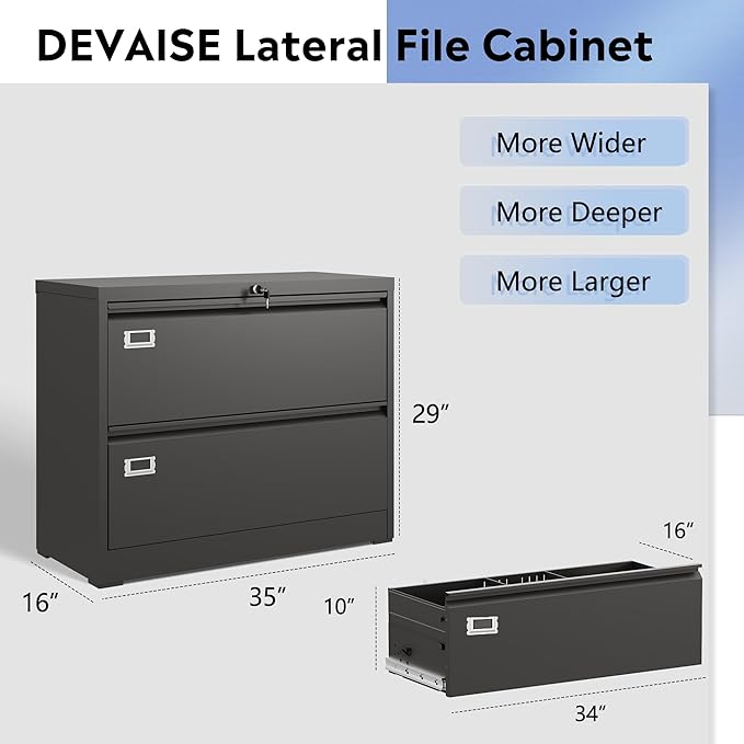 DEVAISE Metal Lateral File Cabinet with Lock, 2 Drawer Filing Cabinets for Home Office, 16" D x 35" W x 29" H Wide Storage Organization for Hanging Files Letter/A4/Legal/F4 Size, Black