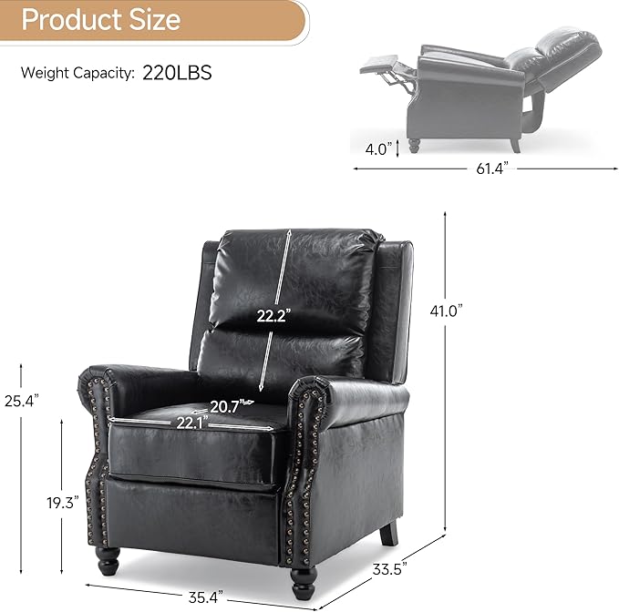 Lumibee Pushback Recliner Chair,Upholstered Wingback Chair for Small Spaces,PU Leather Armchair for Living Room,Single Sofa Accent Chair Reading Seat for Balcony,Bedroom-Black