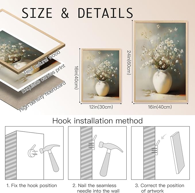 HLXRAE White Floral Wall Art, Rustic Farmhouse Bathroom Wall Decor, Soft Neutral Wildflower Still Life Canvas Print, Minimalist Botanical Aesthetic Picture for Bedroom Laundry Wood Framed 12x16 Inch