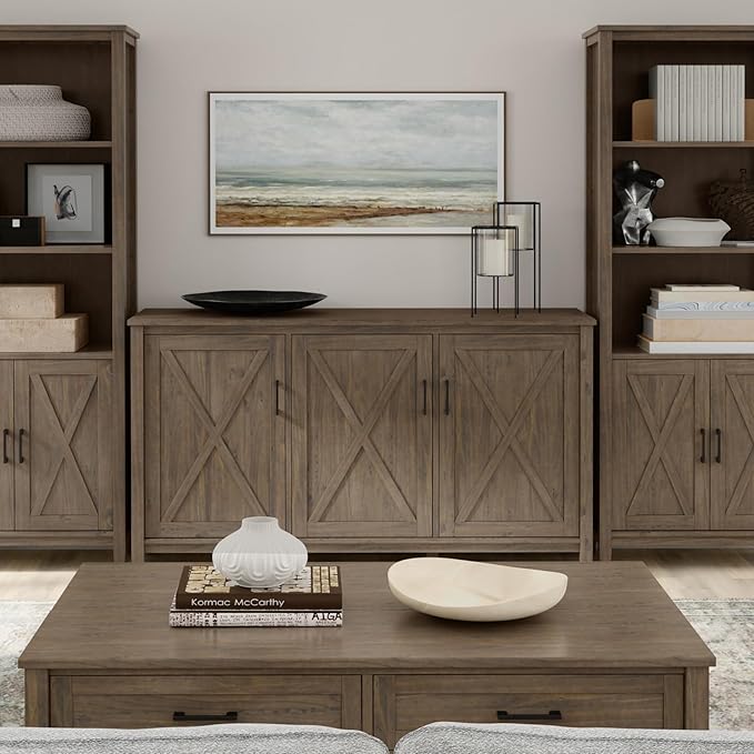 SIMPLIHOME Ela Solid Wood 60 inch Wide Transitional Wide Storage Cabinet in Smoky Brown for The Living Room, Entryway and Family Room