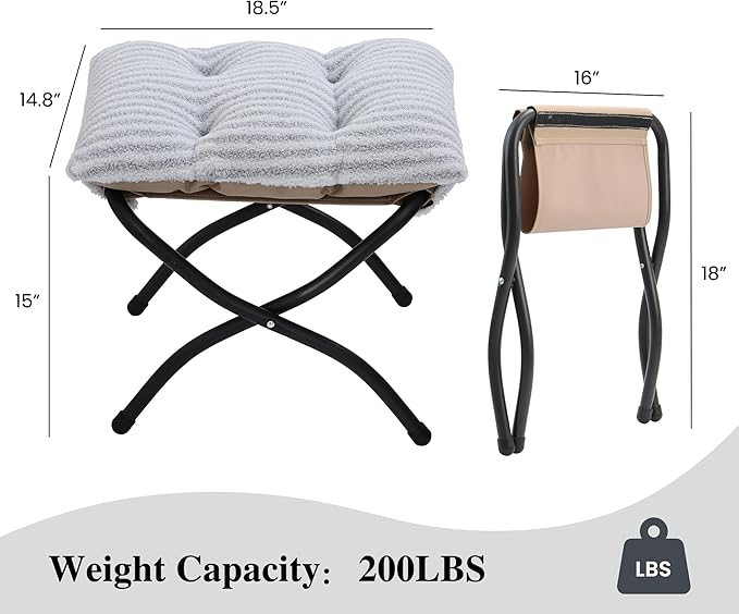 15"(H) Folding Ottoman, Foldable Footrest Stool, Portable Small Foot Stool for Couch, Collapsible Foot Rest Ottoman for Sofa, Accent Padded Ottomans for Living Room, Bedroom, Stripe Grey