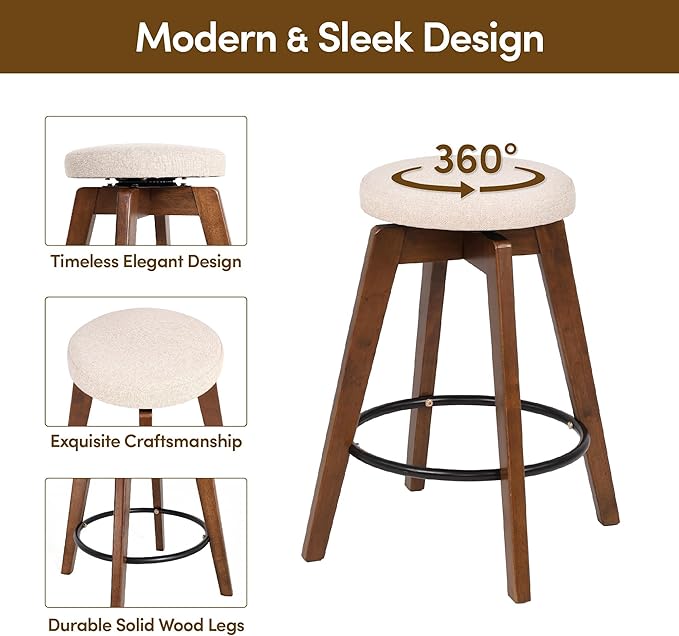 Swivel Premium Solid Wood Counter Stool 25", Set of 2, 360° Rotating Upholstered Cushion, Backless Bar Chair for Island, Pub, Kitchen, Dining Room (Walnut)