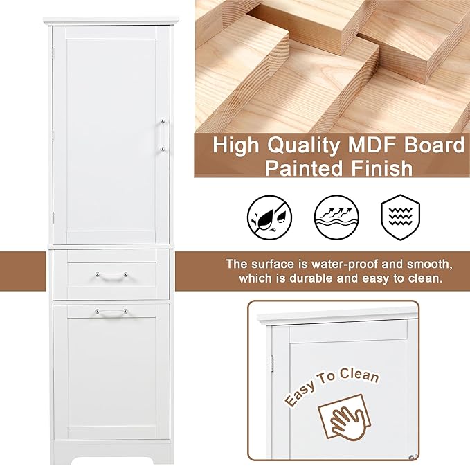 Tall Bathroom Storage Cabinet, Freestanding Storage Cabinet with 1 Door, 2 Different Size Drawers for Bathroom Living Room (White)