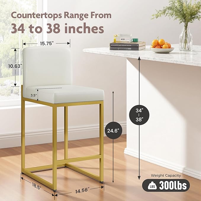 ALPHA HOME 24 Inch Bar Stools, Kitchen Counter Stools with Backs, PU Leather Barstools, White Bar Stools with Upholstered Footrest, Sturdy Chromed Metal Steel Frame, White