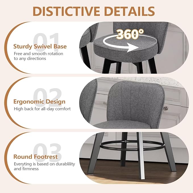 MINCETA Bar Stools Set of 2, 26 Inch Upholstered Barstools with Backrest and Footrest, Swivel Counter Height Barstools for Kitchen Island Home Bar Gray
