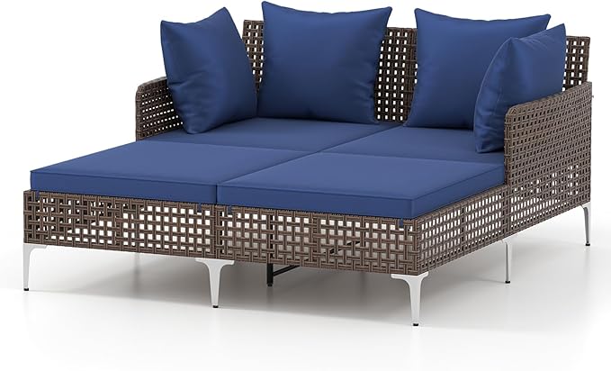 HAPPYGRILL Outdoor Patio Daybed PE Rattan Sunbed with Pillows and Cushions, Heavy-Duty Metal Frame, Outdoor Bed Lounger for Porch, Backyard and Poolside (Navy)