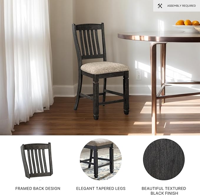 Signature Design by Ashley Tyler Creek Farmhouse 24.38" Counter Height Upholstered Barstool, Set of 2, Almost Black