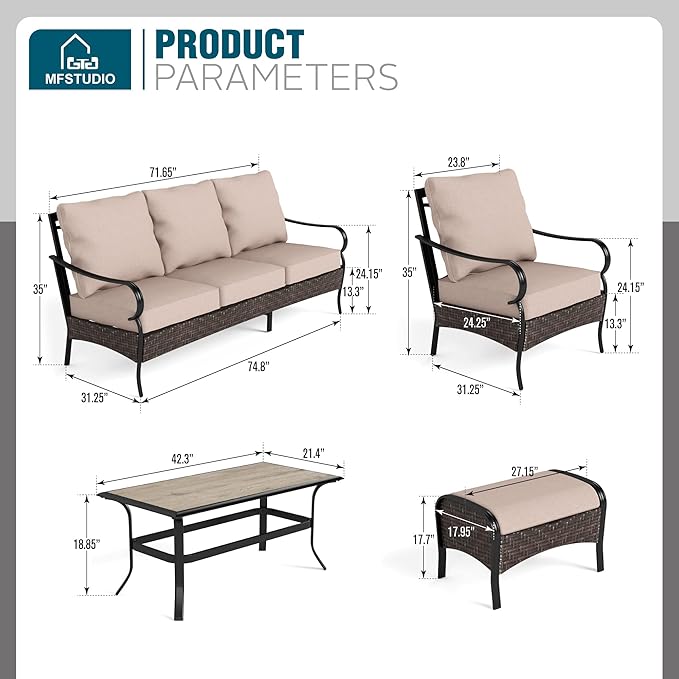 MFSTUDIO Outdoor Patio Furniture Set, 3-Seat Metal Patio Conversation Sofa, Outdoor Rattan Wicker Conversation Sofa Set with Cushion for Garden Porch Poolside,450 LBS