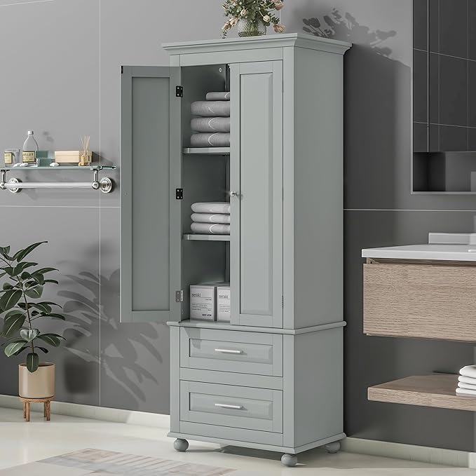 Polibi Tall Storage Cabinet with 2 Drawers, 3-Tier Adjustable Shelves & 2 Doors, Floor Freestanding Cabinet for Bathroom, Living Room, Grey
