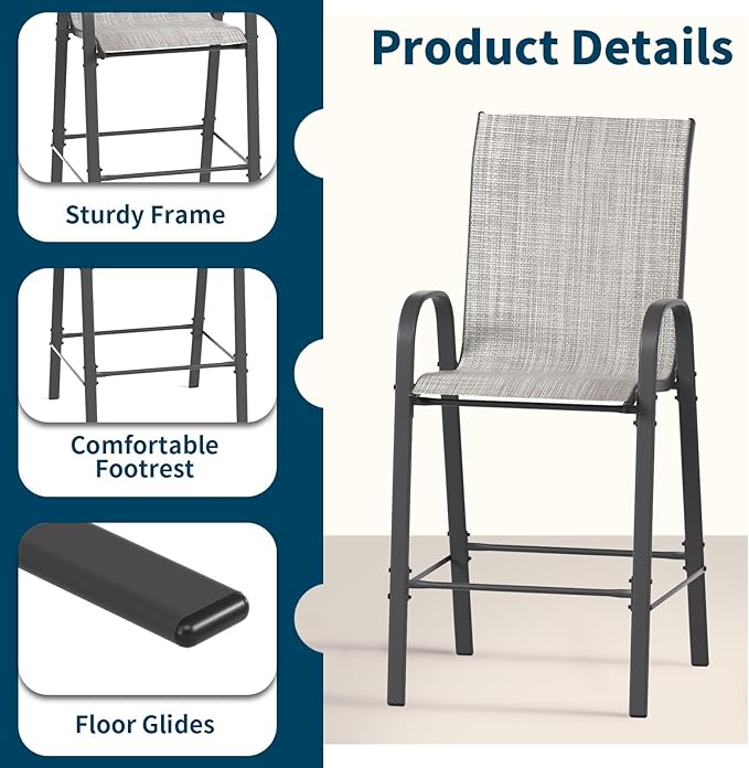 Amopatio Outdoor Bar Stools Set of 4, High Back Outdoor Bar Chairs, All-Weather Textile Bar Height Patio Chair, Sturdy Patio Bar Stools for Backyard, Porch, Light Grey