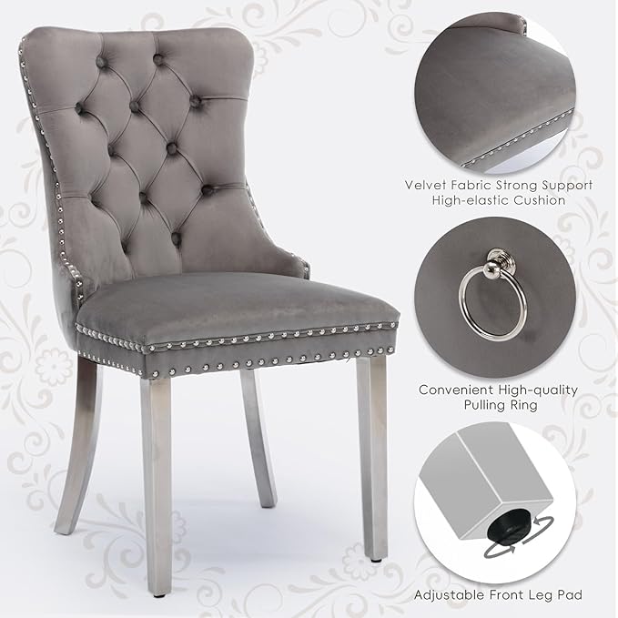 Velvet Upholstered Dining Chairs Set of 6, Modern Style Kitchen Side Chairs with Nailhead Trim and Silver Plated Leg, Metal Pulling Ring for Dining Room Living Room(Gery-Silver Plated Leg)
