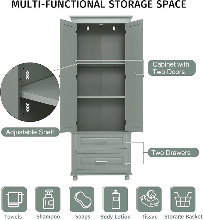 Polibi Tall Storage Cabinet with 2 Drawers, 3-Tier Adjustable Shelves & 2 Doors, Floor Freestanding Cabinet for Bathroom, Living Room, Grey