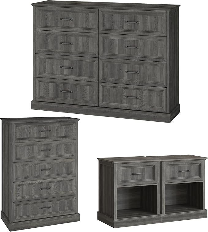 Farmhouse Dresser and Nightstand Sets, 4Pcs Bedroom Furniture Set, Nightstand Set of 2 & 55" Wide 8 Drawer and 44" Tall 5 Drawer Dresser with Large Drawers & Bar Handles, Grey
