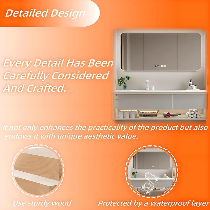 56IN Grey Bathroom Vanity Set - Floating Bathroom Vanity with Single Sink | Including LED Smart Defogging Mirror Cabinet & Time Display Function, Equipped with Motion Sensing Light Strip (Style A)