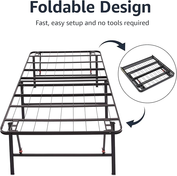 Amazon Basics Foldable Metal Platform Bed Frame with Tool Free Setup, 18 Inches High, Sturdy Steel Frame, No Box Spring Needed, Twin, Black