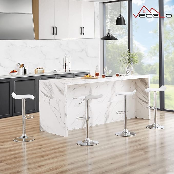 VECELO Bar Stools Set of 2, Swivel Bar Chairs, Adjustable Counter Bar Stools, Modern Armless PVC Stools for Kitchen/Island/Bar/Dining Room/Party, Pearl White