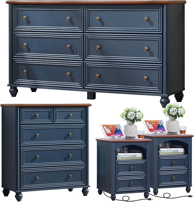 Farmhouse Dressers & Night Stand Set of 4, Wood 54" Wide Dresser & 35" Tall Chest of Drawers, 18" with Charging Station Nightstand Set of 2, Bedroom Furniture Dresser Set for Home Living Room Hallway