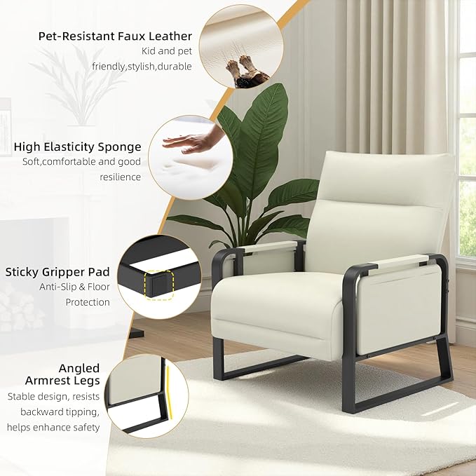 Faux Leather Accent Chair with Flip Up Tray Table Soft Backrest Side Pocket for Living Room Office Bedroom Leather Accent Chair, Beige
