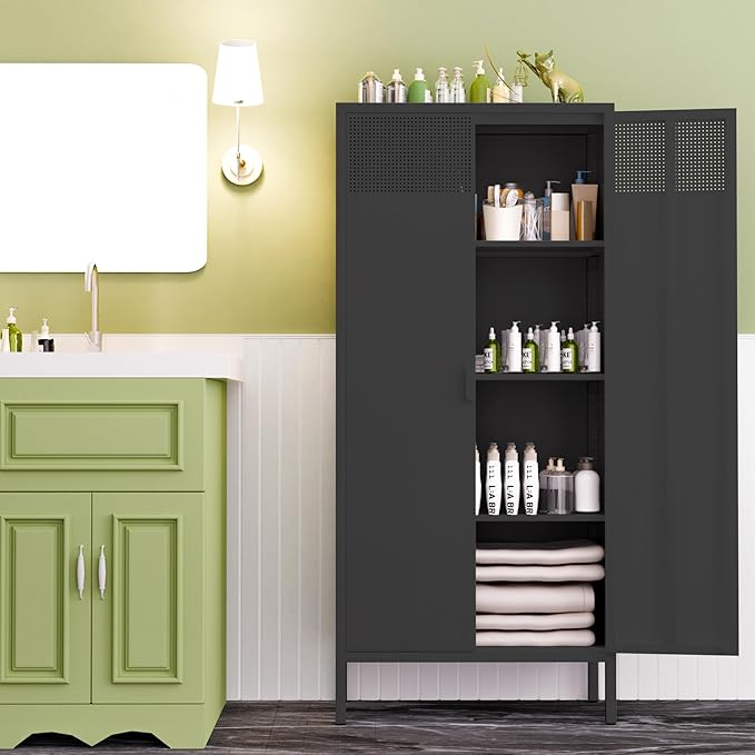 61 Inches Metal Storage Cabinet with Doors and Shelves, 4 Tier Kitchen Pantry Cabinet, Metal Cabinet for Home Office, Dinning Room, Laundry Room, Living Room, Bathroom and Utility Room (Black)