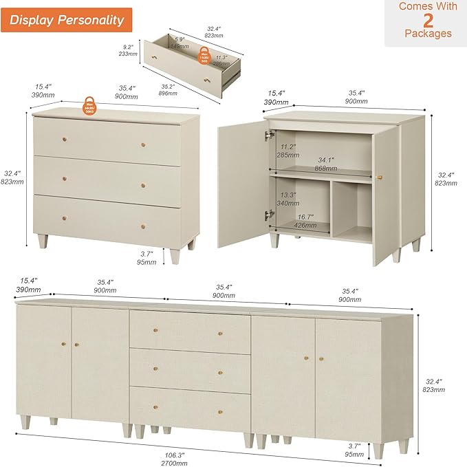 WAMPAT Sideboards Buffet Cabinet, 3-in-1 Wood Wide Credenza Storage Cabinet with Doors and Drawers, Modern Kitchen Coffee Bar Table with Storage for Living Room Dining Room, Beige Linen
