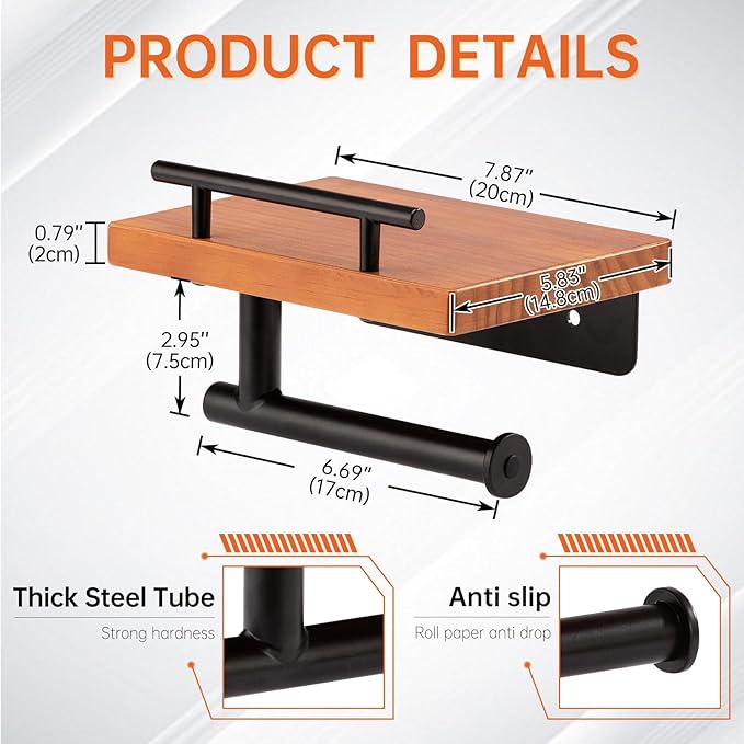 Toilet Paper Holder with Wood Shelf, Wall Mount Toilet Paper Roll Holder with Wooden Shelf and Matte Black Stainless Steel Pipe, Tissue Roll Holder for Bathroom Washroom (Light Brown, 7.9'' x 5.9'')