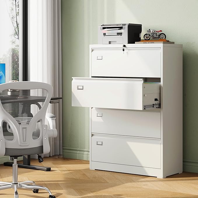 DEVAISE 4 Drawer Lateral File Cabinet with Lock, Metal Filing Cabinets for Home Office, 16" D x 35" W x 52" H Wide Storage Organization for Hanging Files Letter/A4/Legal/F4 Size, White