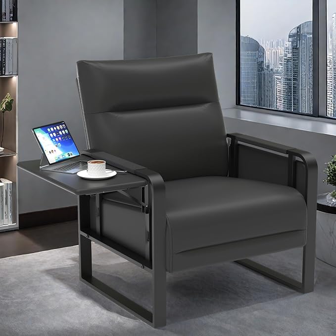 Faux Leather Accent Chair Set of 2, Upholstered Armchair with Side Tray & Pocket, Comfy Reading Chair for Living Room, Bedroom, Guest Room, Black