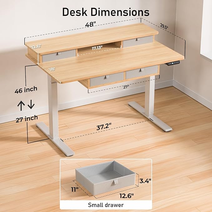 48 * 30 Inches Electric Standing Widened Desk Adjustable Height with 4 Drawers, Double Storage Shelves, Home Office Workstation Sit Stand up Desk (Nature)
