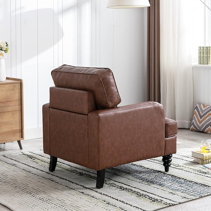 PU Leather Upholstered Accent Chair Modern Single Sofa Chair with Thick Removable Back Cushion and Black Printed Legs Armchair for Living Room/Bedroom/Reading Room, Brown
